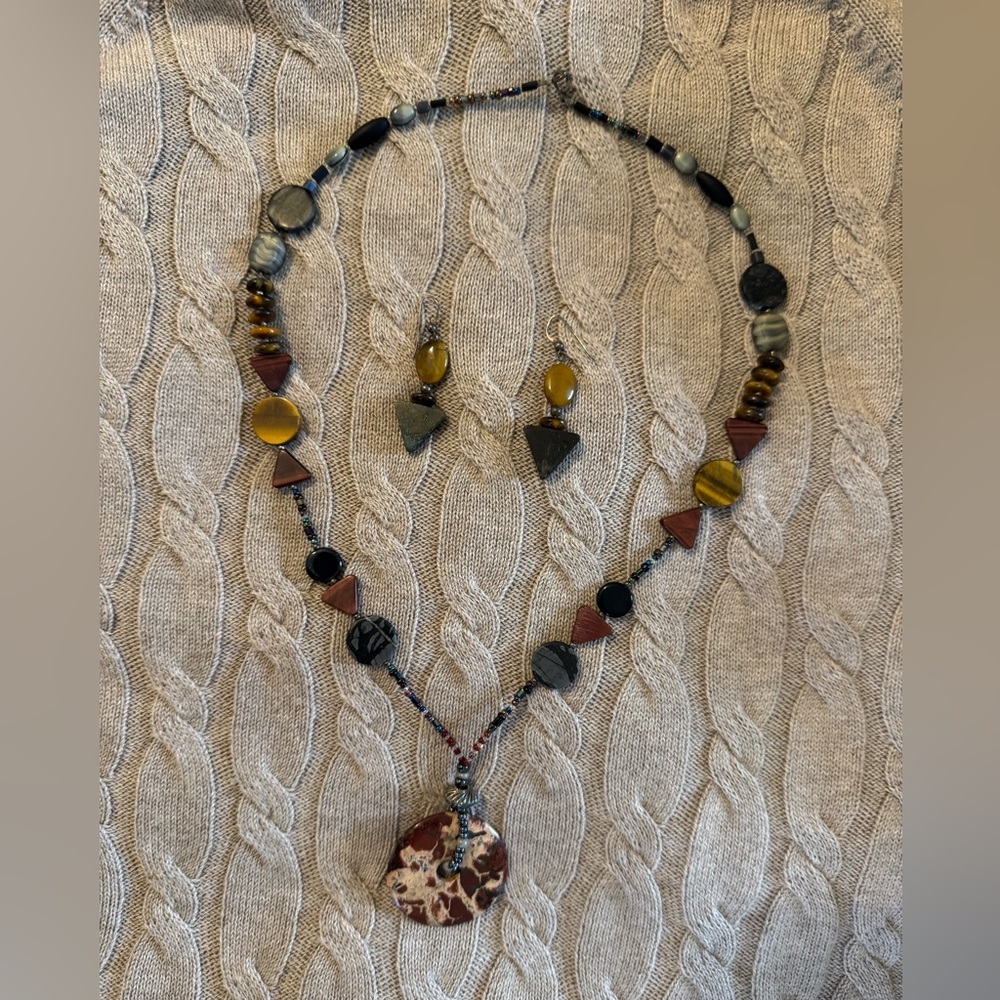 Handcrafted Vintage Beaded Necklace and Earring Set, Natural Stone & Sterling